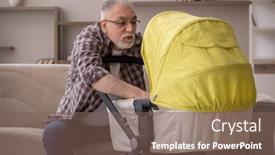  Presentation with newborn - Presentation design having old-man-looking-after-newborn background and a violet colored foreground