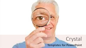  Presentation with eye glass - Cool new theme with old man looks with eye through magnifying glass as a verification concept backdrop and a lemonade colored foreground