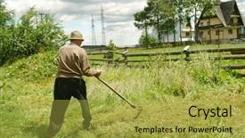  Presentation with old man - PPT theme enhanced with old man mowing down grass background and a  colored foreground