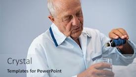  Presentation with medicine syrup - Audience pleasing PPT theme consisting of old-man-pouring-cough-syrup backdrop and a  colored foreground