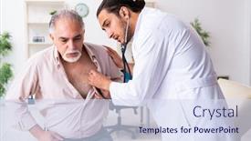  Presentation with cardiologist - Colorful slides enhanced with old-man-visiting-young-male backdrop and a sky blue colored foreground