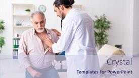  Presentation with cardiologist - PPT layouts featuring old-man-visiting-young-male background and a sky blue colored foreground