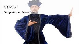  Presentation with kimono - Presentation theme featuring old martial arts master in blue kimono on white background and a white colored foreground