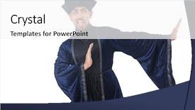  Presentation with kimono - Beautiful presentation design featuring old martial arts master in blue kimono on white backdrop and a white colored foreground