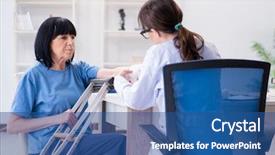  Presentation with incident - Amazing PPT theme having old mature woman after incident backdrop and a ocean colored foreground