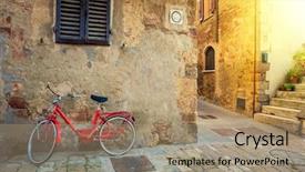  Presentation with mediterranean - Slide set with old mediterranean town street with red retro bike and sunlight italy europe background and a coral colored foreground