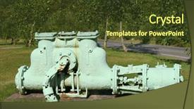  Presentation with water pump - Presentation theme having old metal cast iron water pump painted pastel green permanently fixed to concrete with trees and shrubs to the rear background and a tawny brown colored foreground