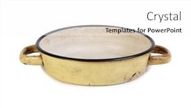  Presentation with metal - Presentation design featuring old-metal-saucepan-isolated-object background and a white colored foreground