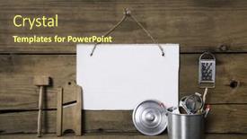  Presentation with catering - Slide deck enhanced with old miniatures of kitchenware with a white placard on an old wooden background with decoration for catering and gastronomy background and a tawny brown colored foreground