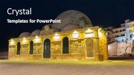  Presentation with mosque - Audience pleasing PPT theme consisting of old mosque in chania port at night on crete greece backdrop and a black colored foreground