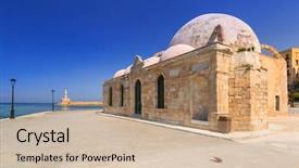  Presentation with port - PPT theme consisting of old mosque in the port of chania on crete greece background and a soft green colored foreground