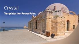  Presentation with port - Theme featuring old mosque in the port of chania on crete greece background and a ocean colored foreground