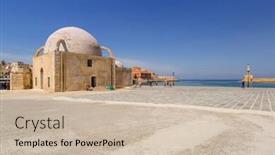  Presentation with mosque - Cool new PPT layouts with old mosque in the port of chania on crete greece backdrop and a soft green colored foreground