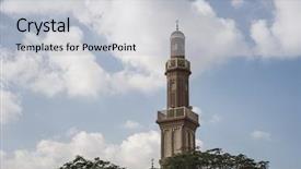  Presentation with mosque - Audience pleasing PPT theme consisting of ajan - old mosque minaret against cloud backdrop and a light gray colored foreground