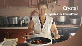  Presentation with teeens cooking - PPT theme consisting of old mother - grandmother cooking lunch background and a coral colored foreground