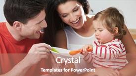  Presentation with baby feeding products - Beautiful PPT theme featuring old mother - parents feeding baby daughter backdrop and a coral colored foreground