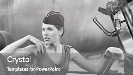  Presentation with driving simulator - PPT theme featuring old movies - young attractive female soldier driving background and a gray colored foreground