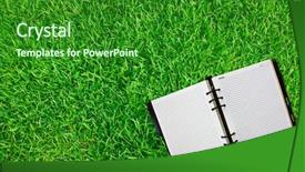  Presentation with green notebook - Audience pleasing PPT theme consisting of old notebook on fresh spring backdrop and a  colored foreground