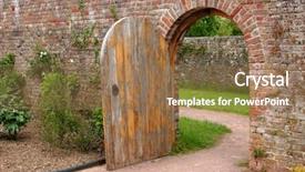  Presentation with brick - Presentation having old open arched wooden door background and a coral colored foreground