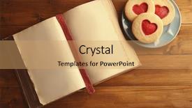  Presentation with old book - Presentation theme having romance literature - old open book and biscuits background and a coral colored foreground