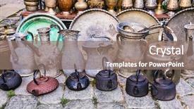  Presentation with old - Cool new theme with old oriental antiques barass jungs and vases on street market in baku azerbeijan backdrop and a gray colored foreground