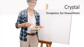  Presentation with next - Beautiful PPT layouts featuring old painters - mature painter posing next backdrop and a  colored foreground