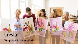  Presentation with painting old - Theme featuring old painters - painting education and people concept background and a coral colored foreground