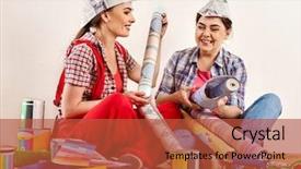  Presentation with home loan - Amazing slide set having old painters - repair home women holding bank backdrop and a red colored foreground