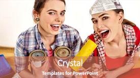  Presentation with home loan - Colorful slide set enhanced with old painters - repair home women holding bank backdrop and a coral colored foreground