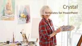  Presentation with artistic artist art brush - Audience pleasing PPT theme consisting of old painters - senior female artist with palette backdrop and a  colored foreground