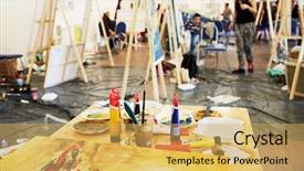  Presentation with paint art - Theme having old painters - table with paints in tubes background and a yellow colored foreground