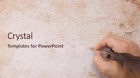  Presentation with old feather pen - Colorful presentation design enhanced with old pen - hand holding feather on paper backdrop and a  colored foreground