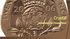  Presentation with background - Presentation theme with old penny - pence coin isolated on white background and a tawny brown colored foreground