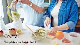  Presentation with old couple - Theme enhanced with old people - mature couple preparing a meal background and a coral colored foreground