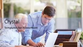  Presentation with grandfather - Colorful presentation design enhanced with old people - teenage grandson helping grandfather backdrop and a light blue colored foreground