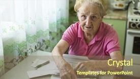  Presentation with utilities - PPT theme consisting of old people house - elderly woman with bills background and a violet colored foreground