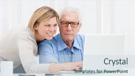  Presentation with smiling little girl - Amazing PPT theme having old people new - happy smiling young girl explaining backdrop and a sky blue colored foreground