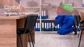  Presentation with pest control - Cool new slide deck with old professional contractor doing pest control in the office backdrop and a coral colored foreground