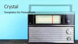  Presentation with radio - PPT theme with old radio set on wooden table on blue background background and a arctic colored foreground