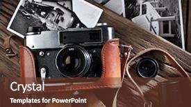  Presentation with old fashioned black and white - Colorful slide deck enhanced with old rangefinder camera and black backdrop and a tawny brown colored foreground