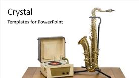  Presentation with record player - Slides featuring old record player and saxophone background and a white colored foreground