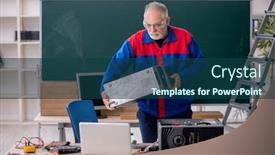  Presentation with computers - Slide set enhanced with old-repairman-repairing-computers background and a ocean colored foreground