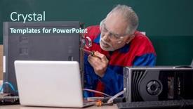  Presentation with computers - PPT theme featuring old-repairman-repairing-computers background and a ocean colored foreground