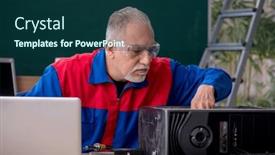  Presentation with computers - Slide set having old-repairman-repairing-computers background and a ocean colored foreground