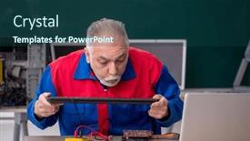  Presentation with computers - PPT layouts enhanced with old-repairman-repairing-computers background and a ocean colored foreground