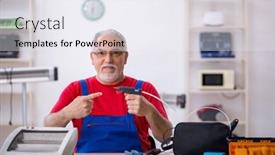  Presentation with workshop - Presentation with old-repairman-repairing-heater background and a sky blue colored foreground