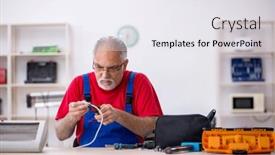  Presentation with workshop - PPT theme having old-repairman-repairing-heater background and a sky blue colored foreground