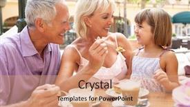  Presentation with grandparents - Colorful PPT layouts enhanced with old restaurant - grandparents with granddaughter enjoying coffee backdrop and a coral colored foreground