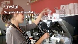  Presentation with coffee powder in machine - PPT theme with old restaurant - waitress serving coffee from machine background and a  colored foreground