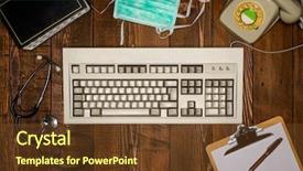  Presentation with old desktop computer - PPT theme featuring old retro top view background and a tawny brown colored foreground